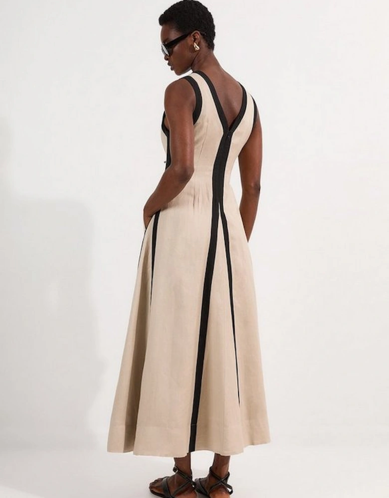 Contrast Linen Plunge Neck Woven Maxi Dress