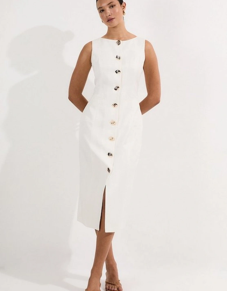 Viscose Linen Tailored Statement Button Front Pencil Midi Dress
