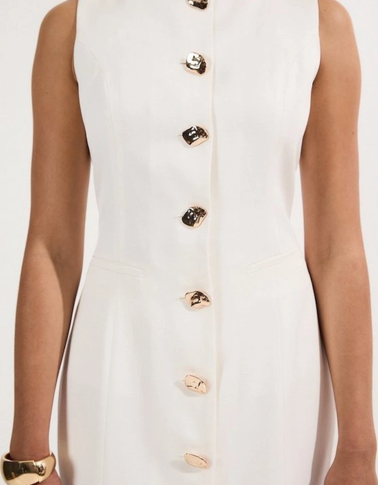 Viscose Linen Tailored Statement Button Front Pencil Midi Dress