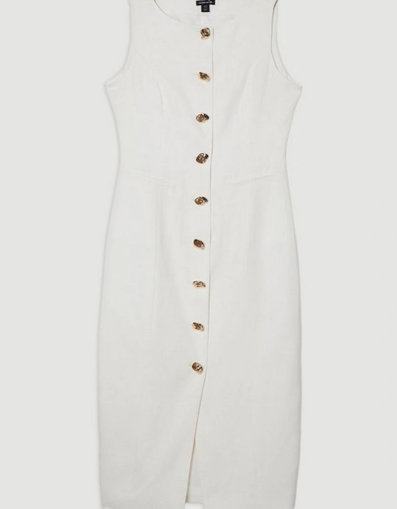 Viscose Linen Tailored Statement Button Front Pencil Midi Dress