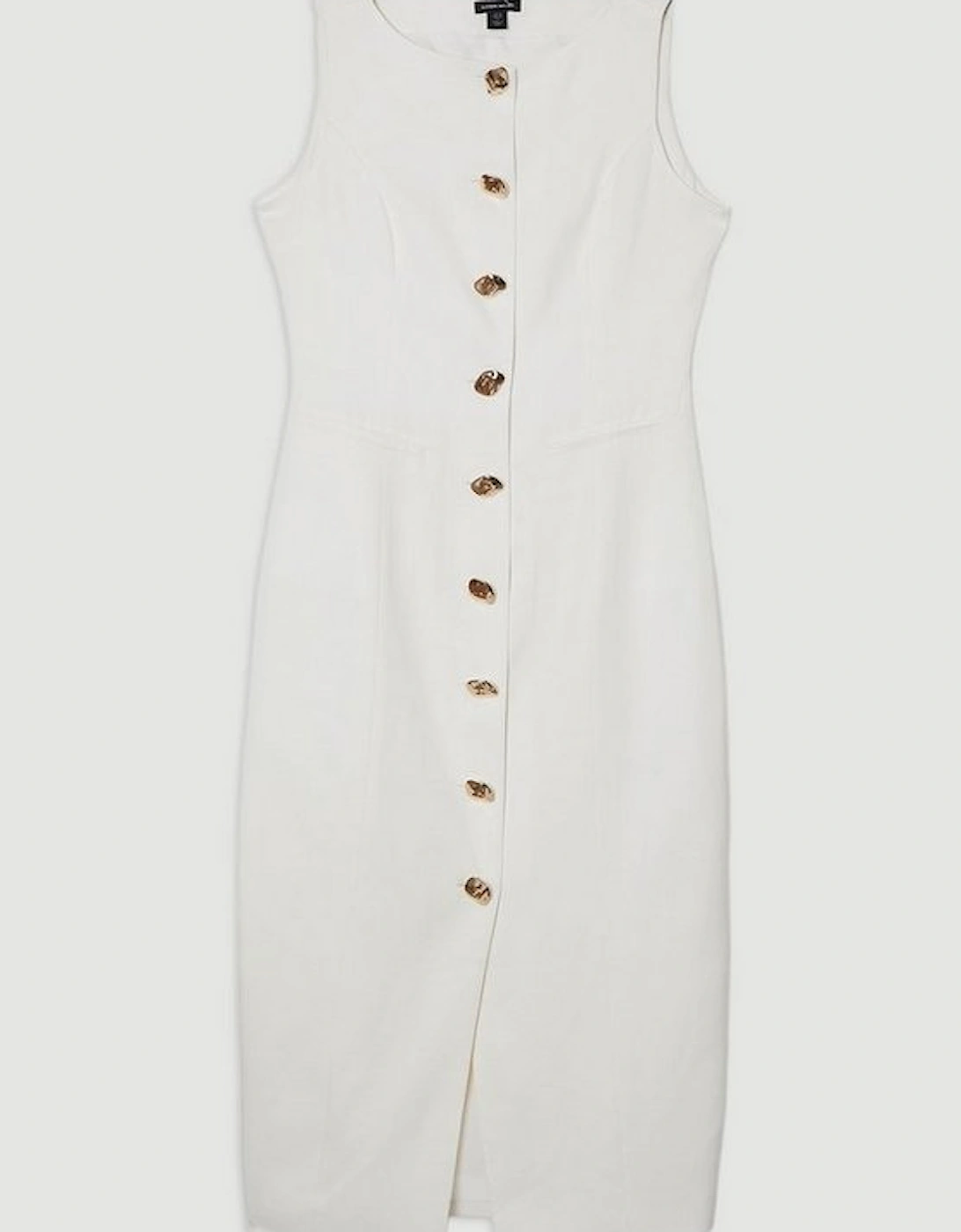 Viscose Linen Tailored Statement Button Front Pencil Midi Dress