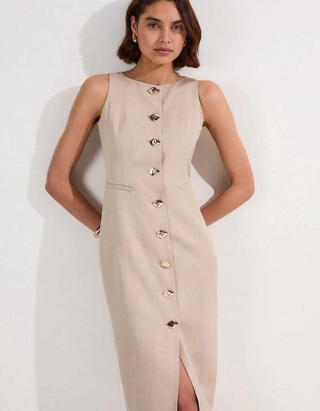 Petite Viscose Linen Tailored Statement Button Front Pencil Midi Dress, 4 of 3
