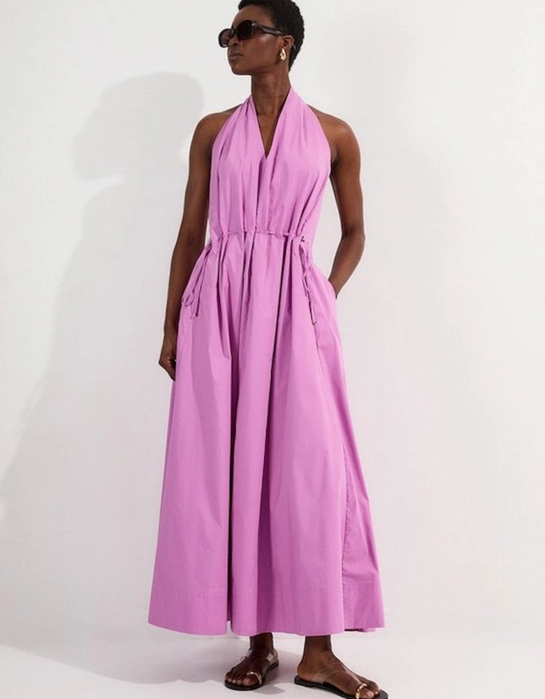 Cotton Ruched Waist Woven Midi Dress
