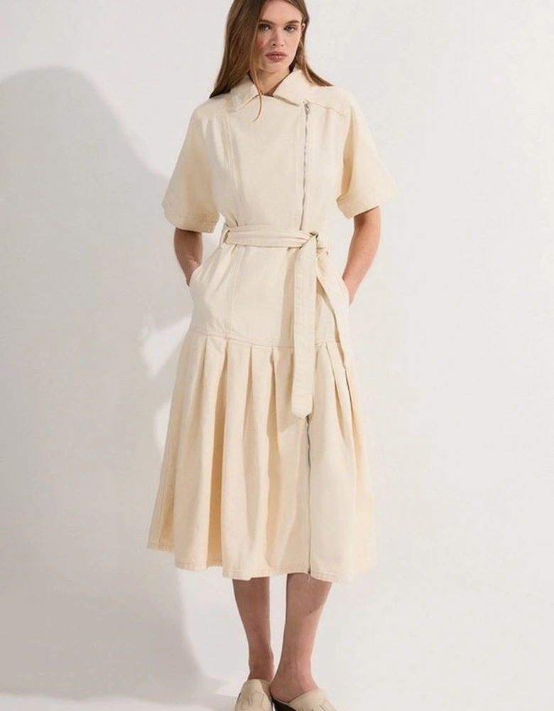 Petite Denim Pleated Hem Biker Dress