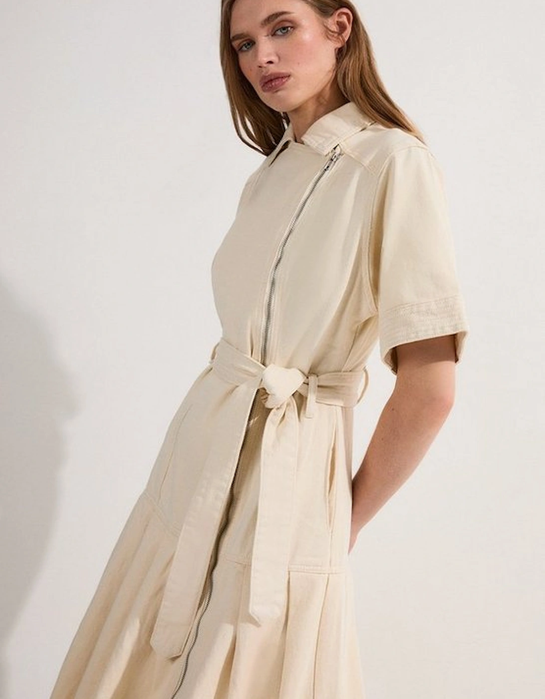 Petite Denim Pleated Hem Biker Dress, 4 of 3