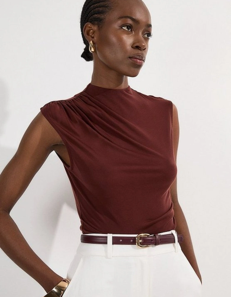 Tencel Pleated Detail Sleeveless High Neck Jersey Top