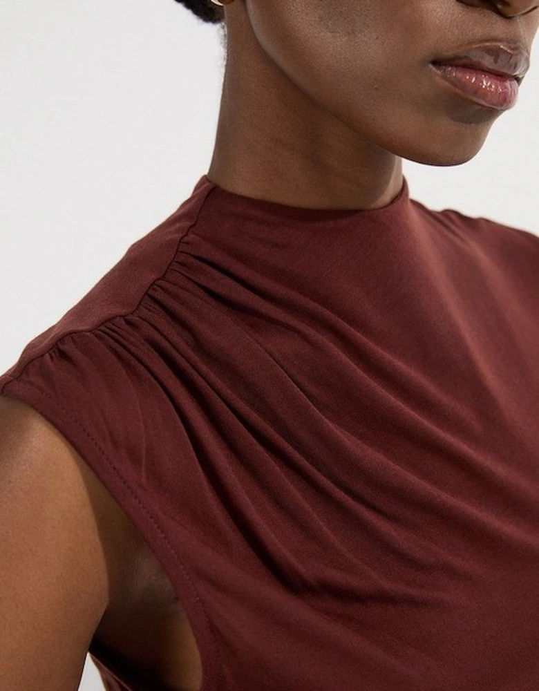 Tencel Pleated Detail Sleeveless High Neck Jersey Top