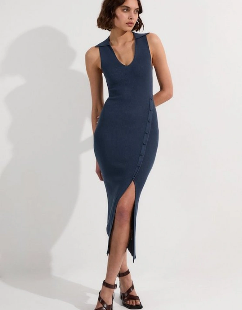 Rib Knit Collared Dress With Button Detail