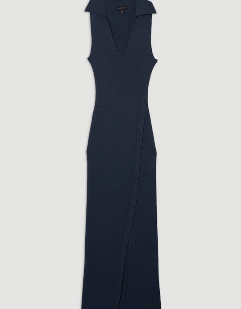 Rib Knit Collared Dress With Button Detail