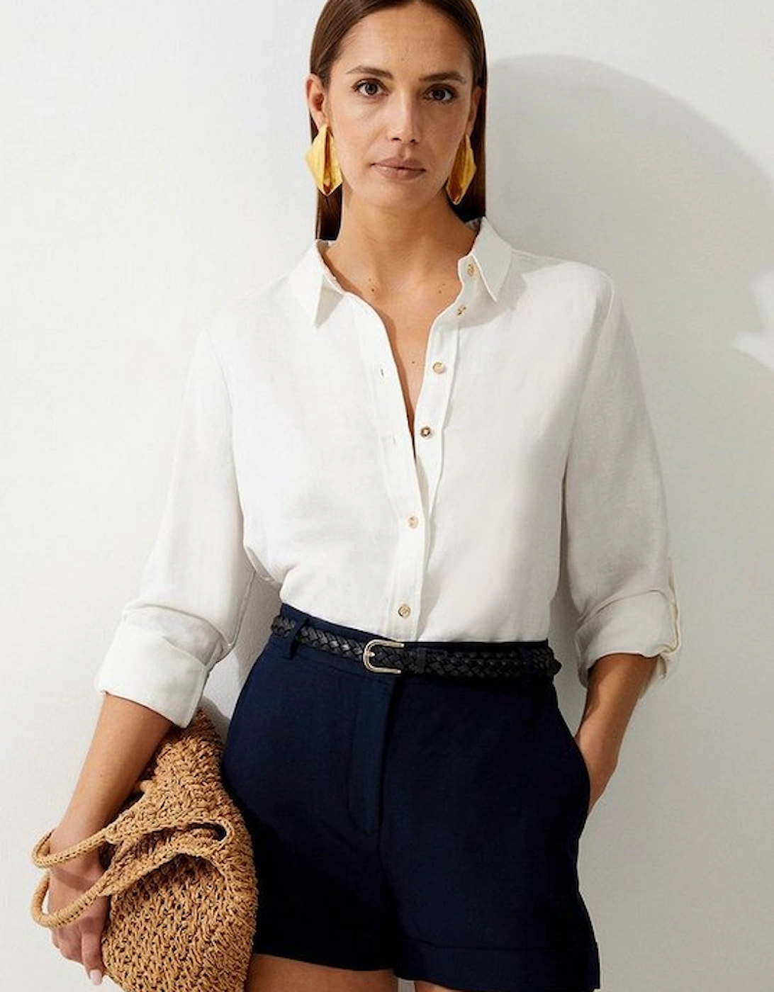 Premium Linen Viscose Tailored Turn Up Hem Shorts, 4 of 3