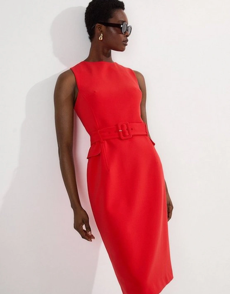 Compact Essential Belted Tailored Midi Dress