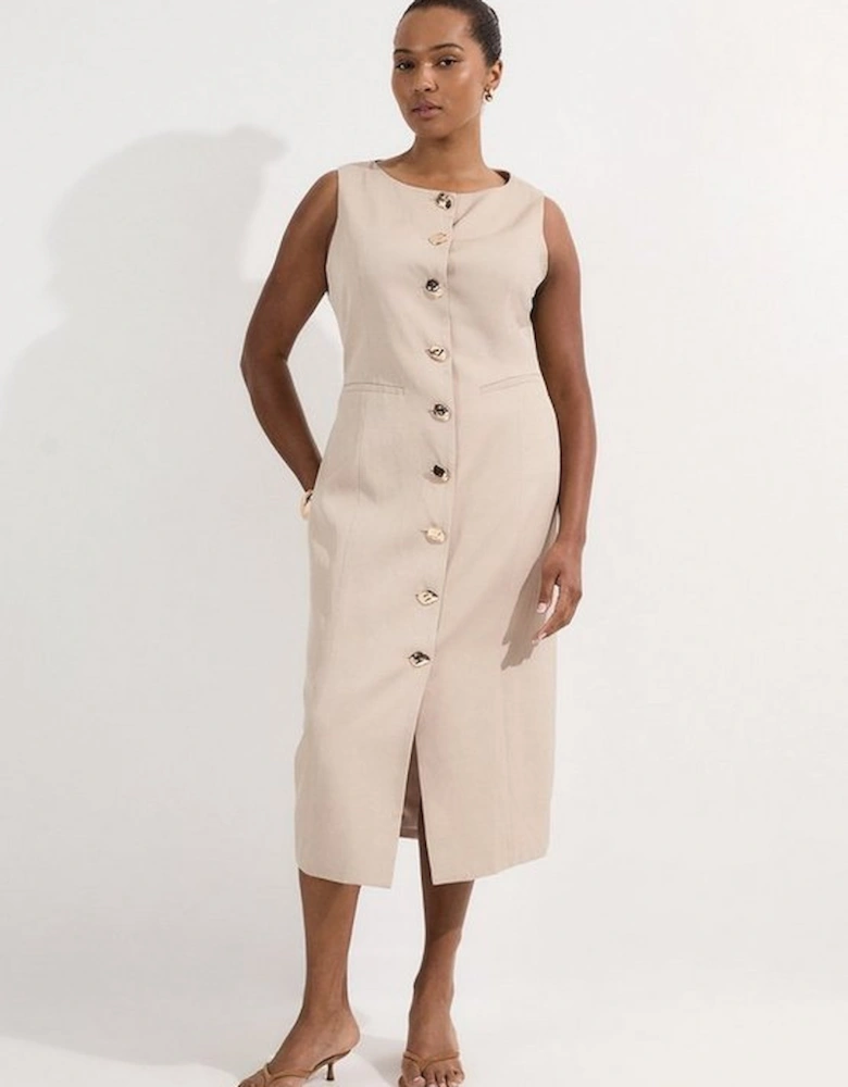 Plus Size Viscose Linen Tailored Statement Button Front Pencil Midi Dress