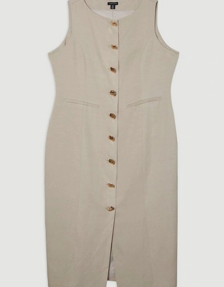 Plus Size Viscose Linen Tailored Statement Button Front Pencil Midi Dress