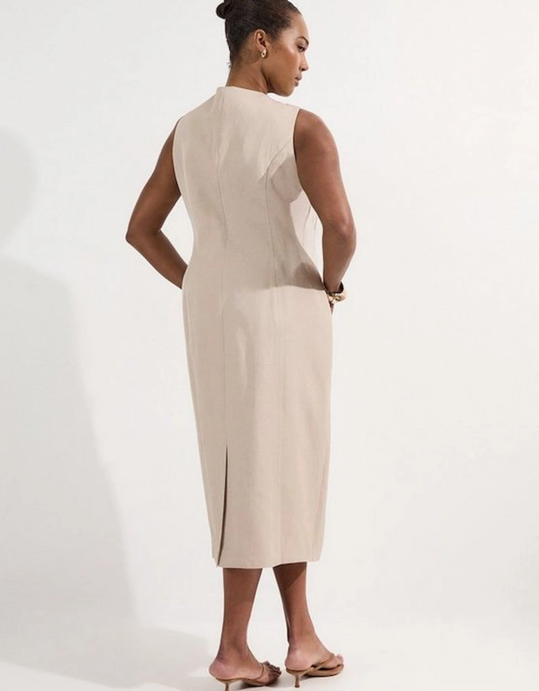 Plus Size Viscose Linen Tailored Statement Button Front Pencil Midi Dress