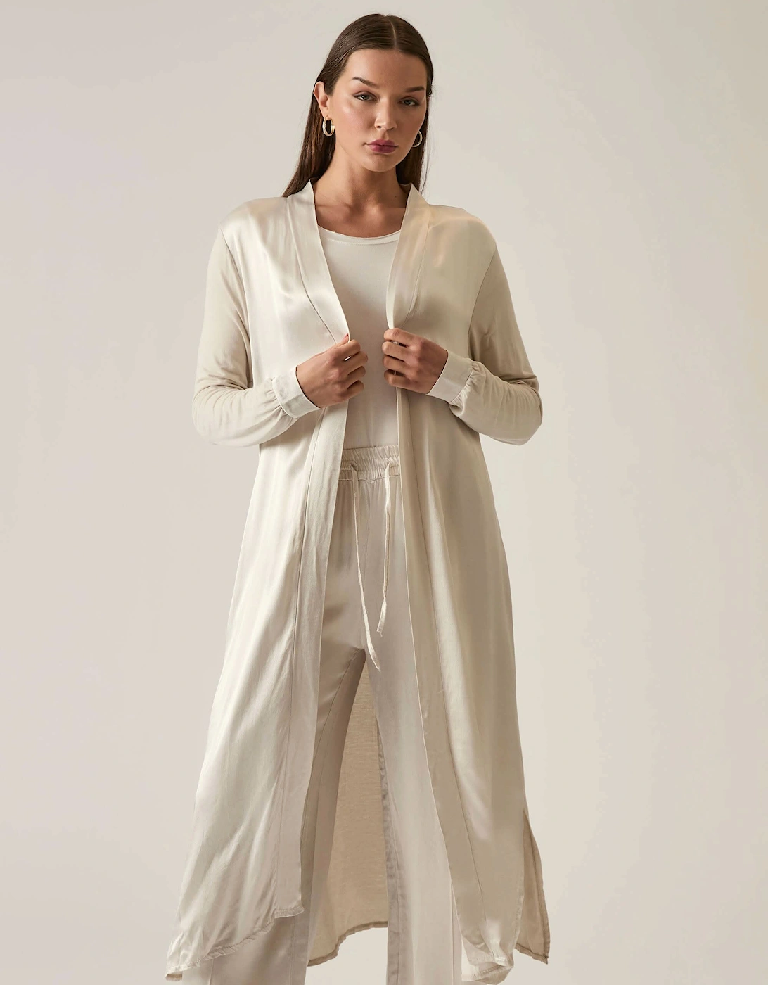 Long Satin Beige Cardigan