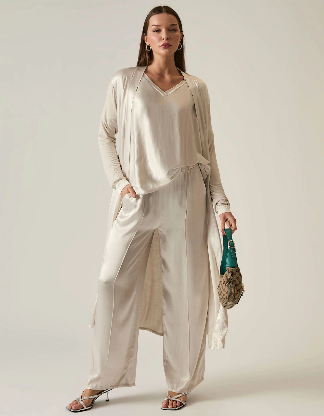 Long Satin Beige Cardigan