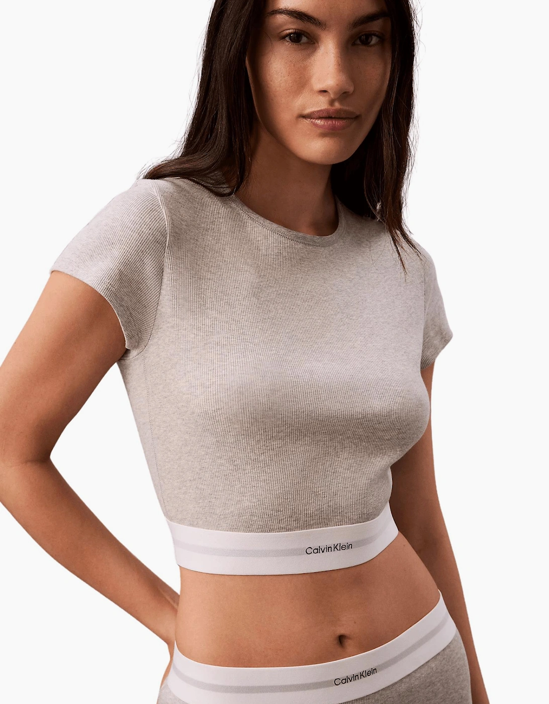 Calvin Klein Women's Cotton Stretch Rib Crop Top, Grey Heather - Tan - Size: S