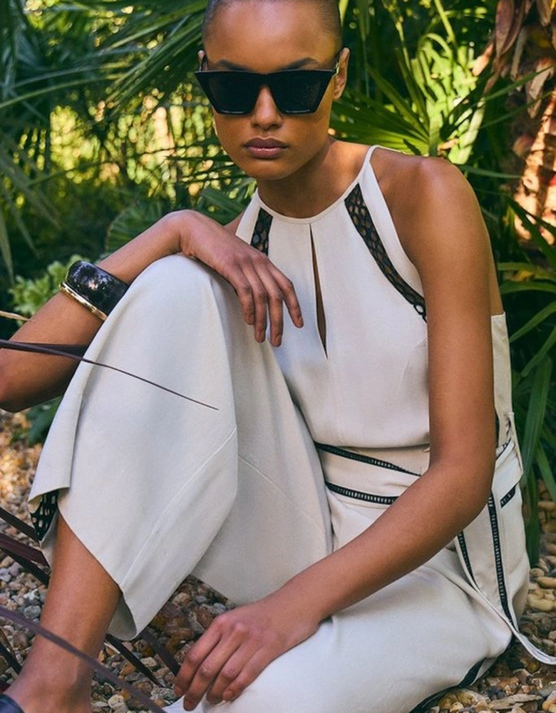 Viscose Linen Woven Jumpsuit With Lace Trim