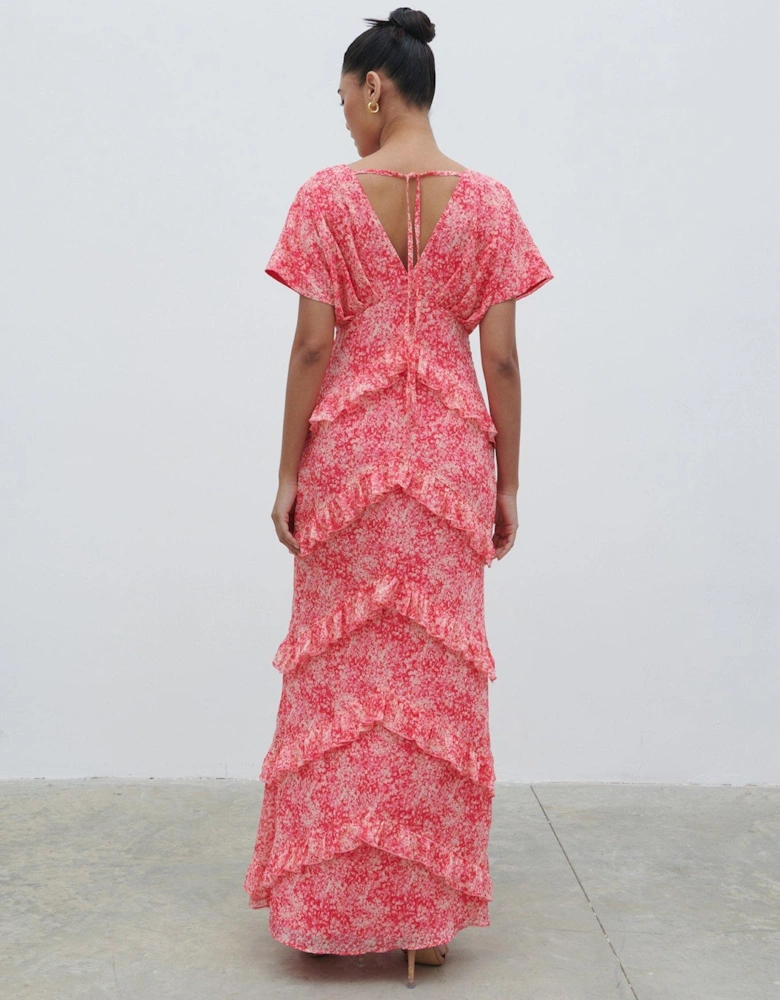 Tasmin Floral V Neck Ruffle Maxi Dress - Pink