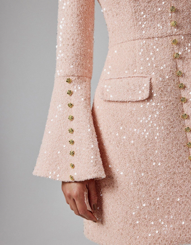 Sequin Boucle Fluted Sleeve Mini Dress - Pink