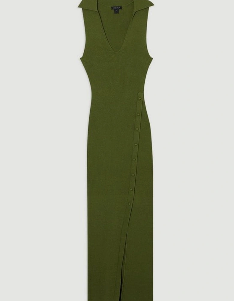 Rib Knit Collared Dress With Button Detail