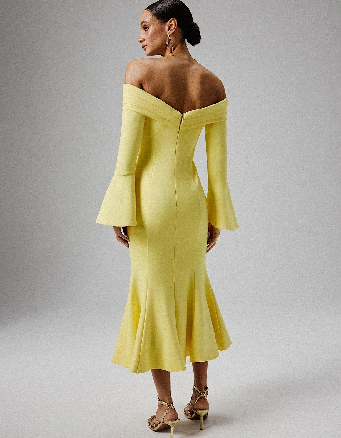 Off Shoulder Fit And Flare Long Midi Dress - Yellow