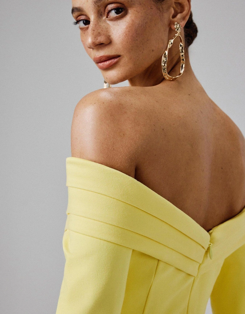 Off Shoulder Fit And Flare Long Midi Dress - Yellow