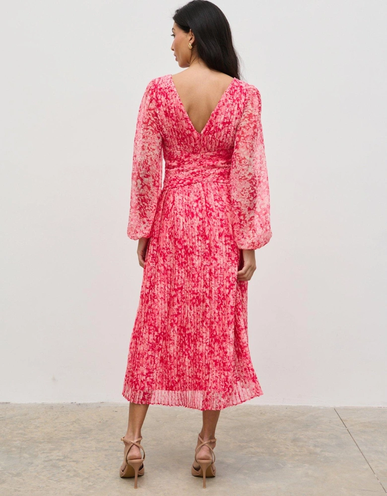 Jade Floral Pleated V Neck Midaxi Dress - Pink