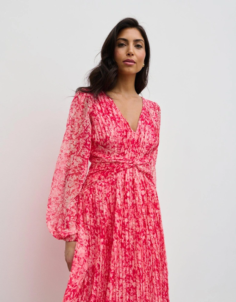 Jade Floral Pleated V Neck Midaxi Dress - Pink