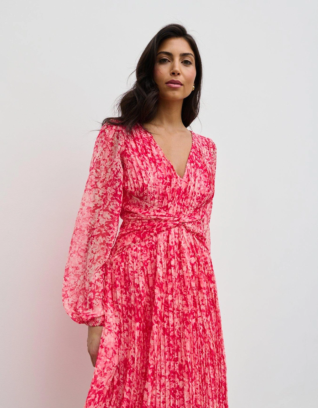 Jade Floral Pleated V Neck Midaxi Dress - Pink