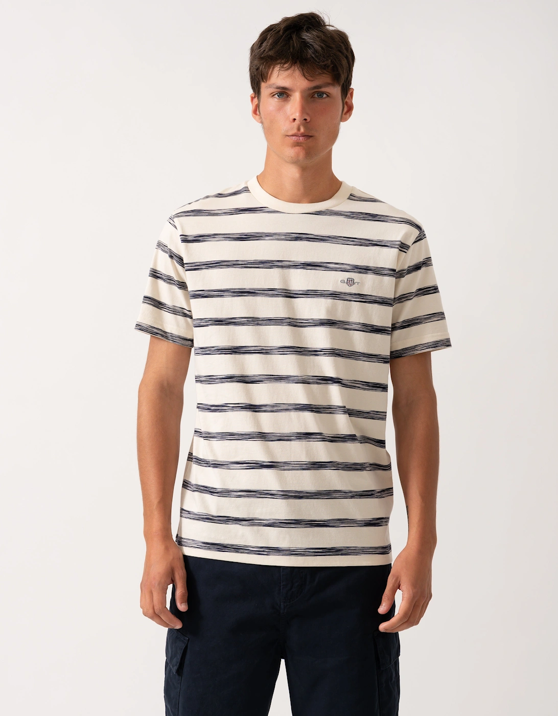Mens Striped Crew Neck Short Sleeve T-Shirt - 130 Cream, 2 of 1