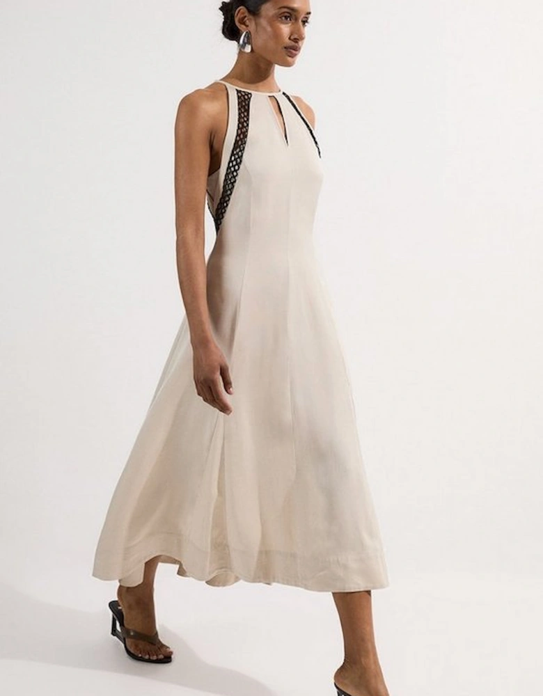 Viscose Linen Woven Halterneck Midi Dress With Lace Trim