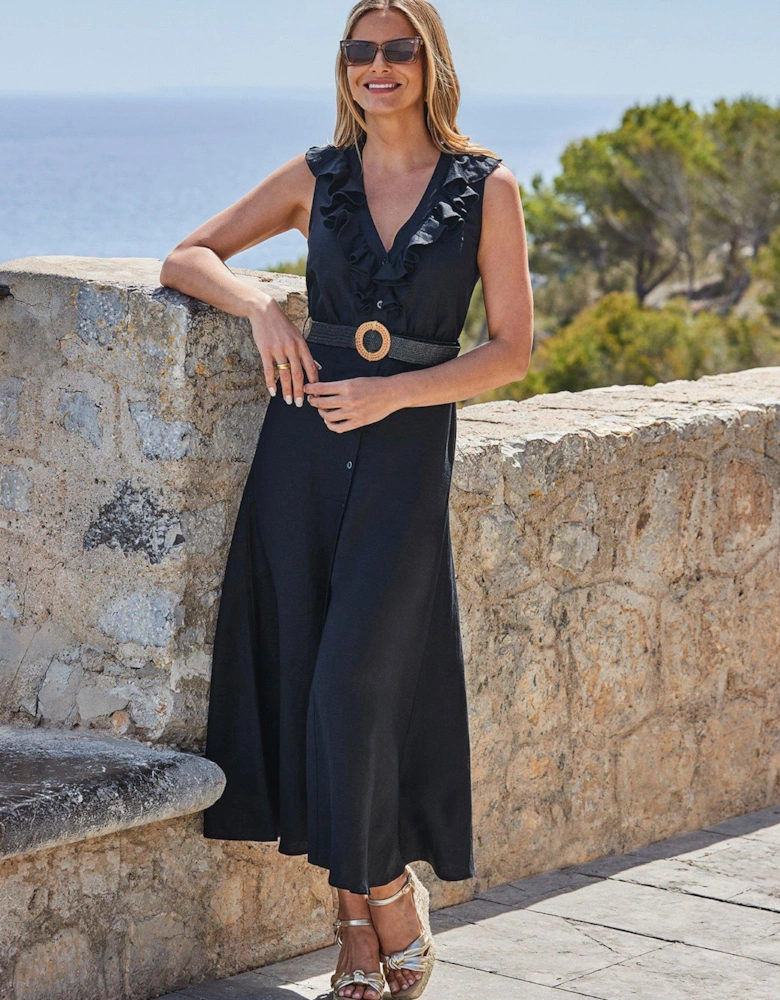 Black Linen Blend Ruffle Detail Button Front Dress