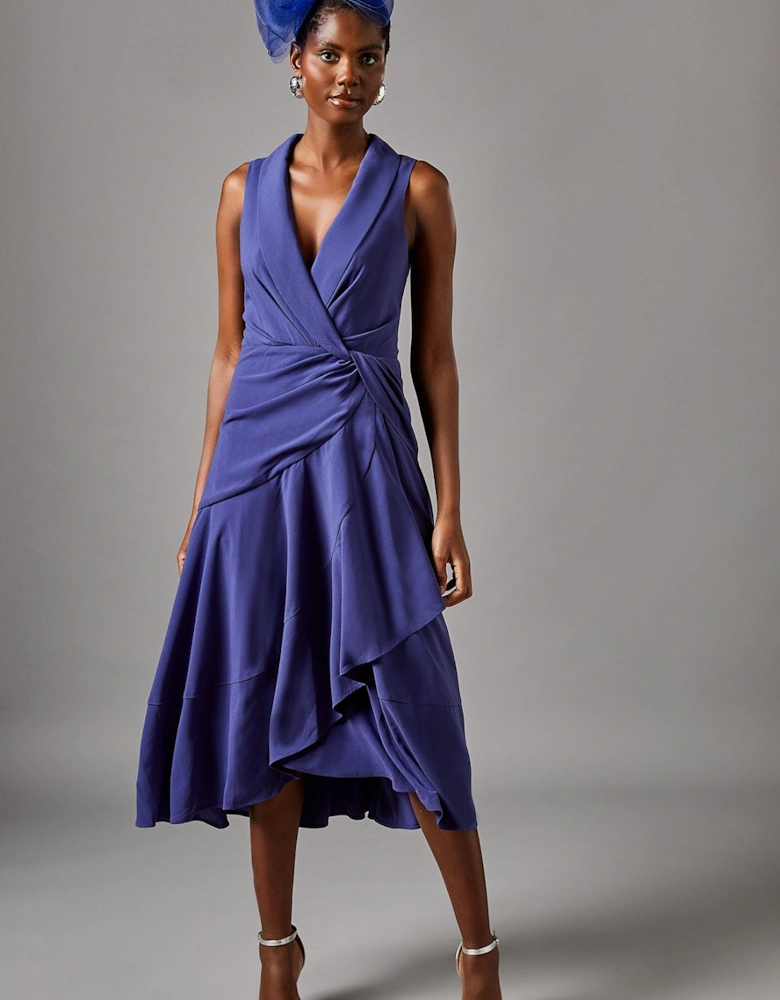 Shawl Collar Ruffle Hem Midi Dress