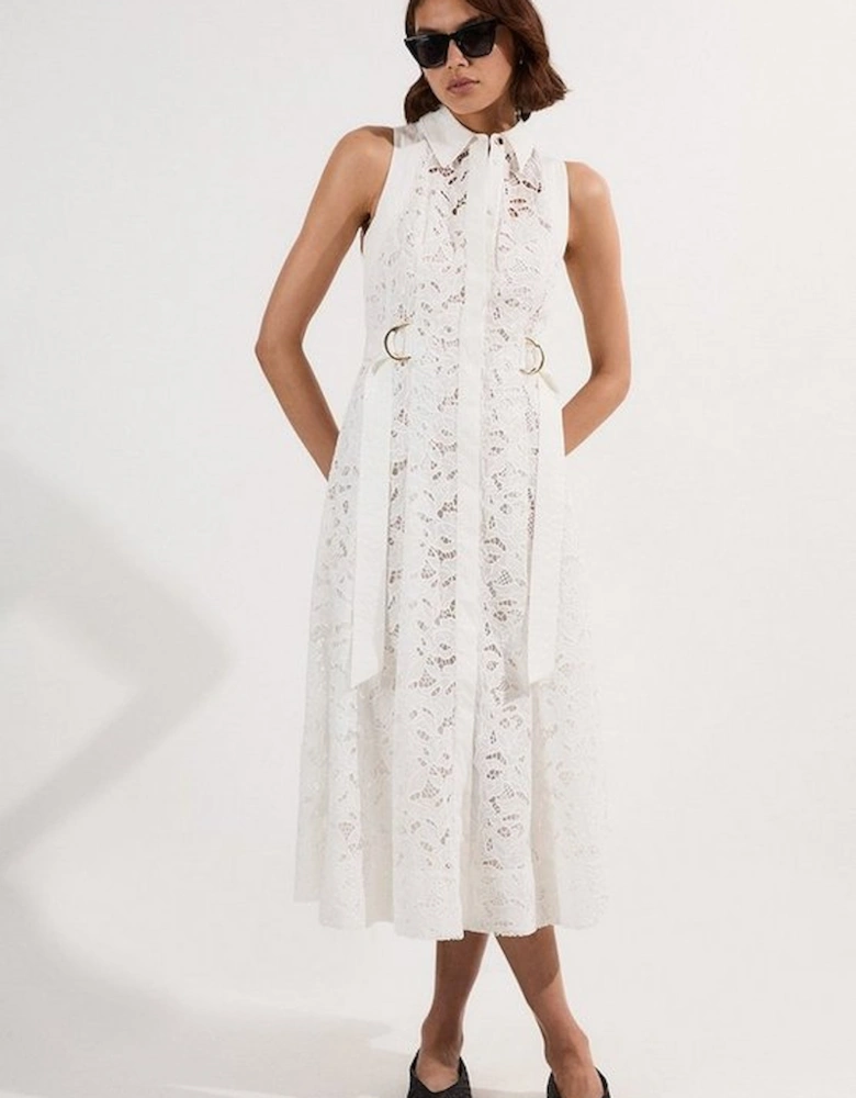 Cutwork Topstitch Halter Woven Midi Dress With Gold D Ring Detail