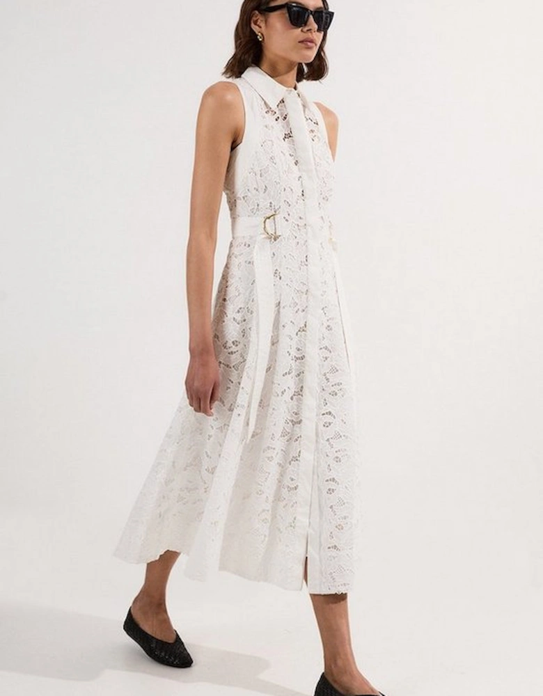 Cutwork Topstitch Halter Woven Midi Dress With Gold D Ring Detail