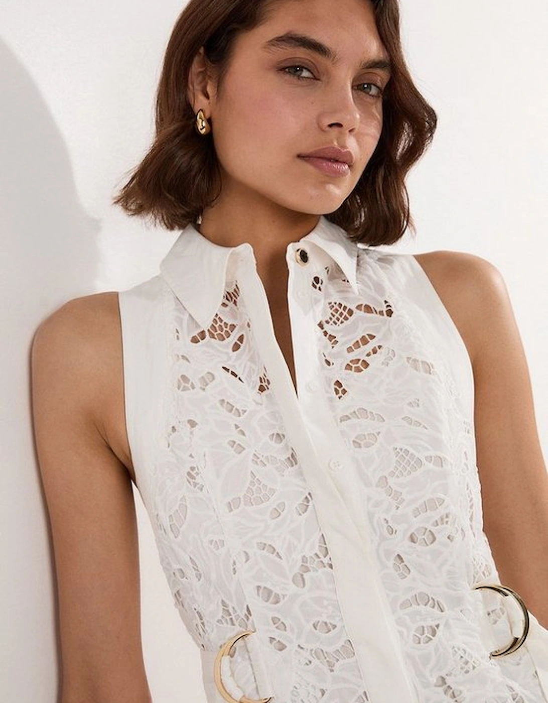 Cutwork Topstitch Halter Woven Midi Dress With Gold D Ring Detail