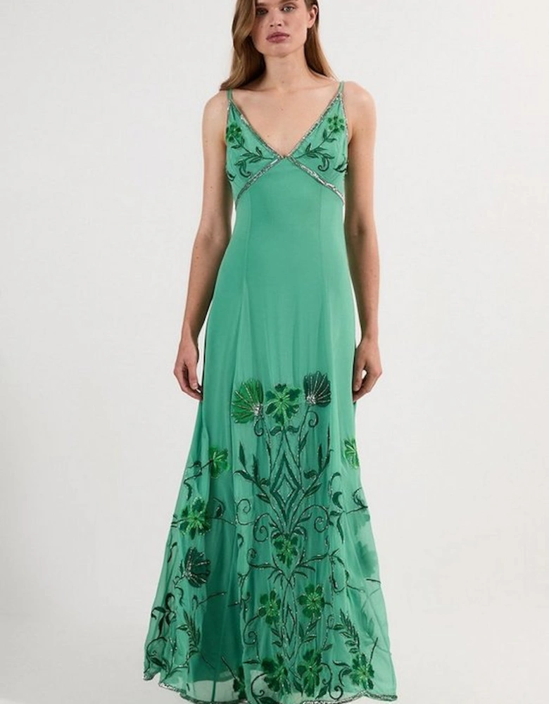 Embroidery Beaded Crinkle Woven Strappy Maxi Dress