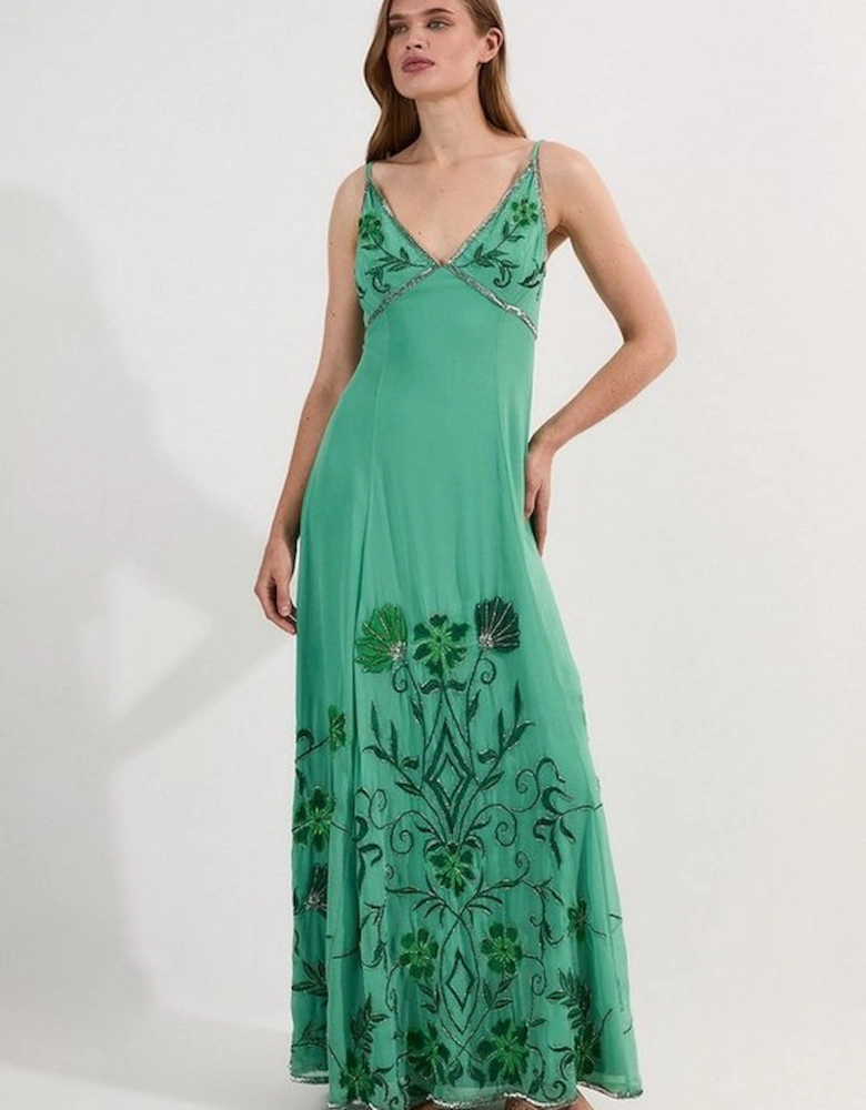 Embroidery Beaded Crinkle Woven Strappy Maxi Dress