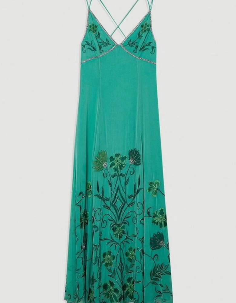 Embroidery Beaded Crinkle Woven Strappy Maxi Dress