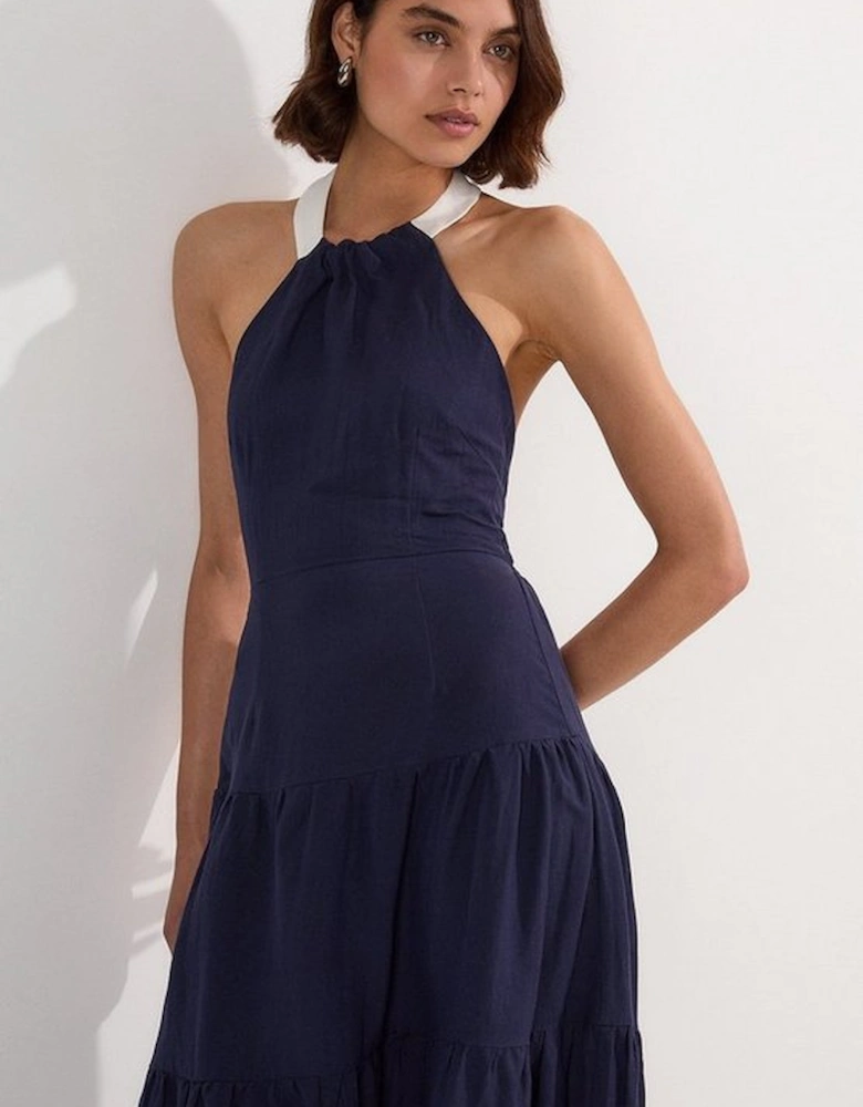 Linen Viscose Colour Block Woven Tiered Halter Maxi Dress