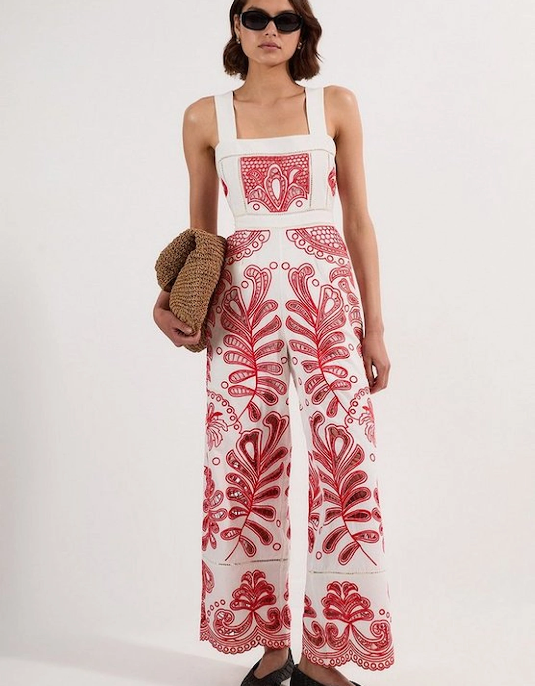 Cutwork Embroidered Wide Leg Woven Jumpsuit, 2 of 1