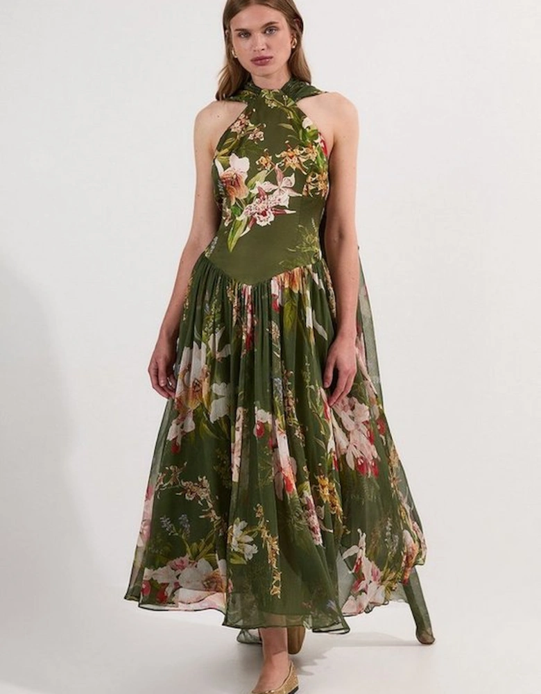 Garden Floral Viscose Georgette Satin Mix Slip Maxi Dress