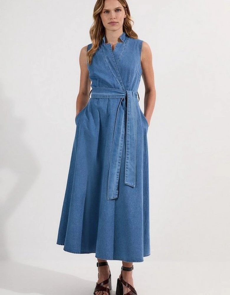Denim Tailored Notch Neck Belted Fluid Midi Dress