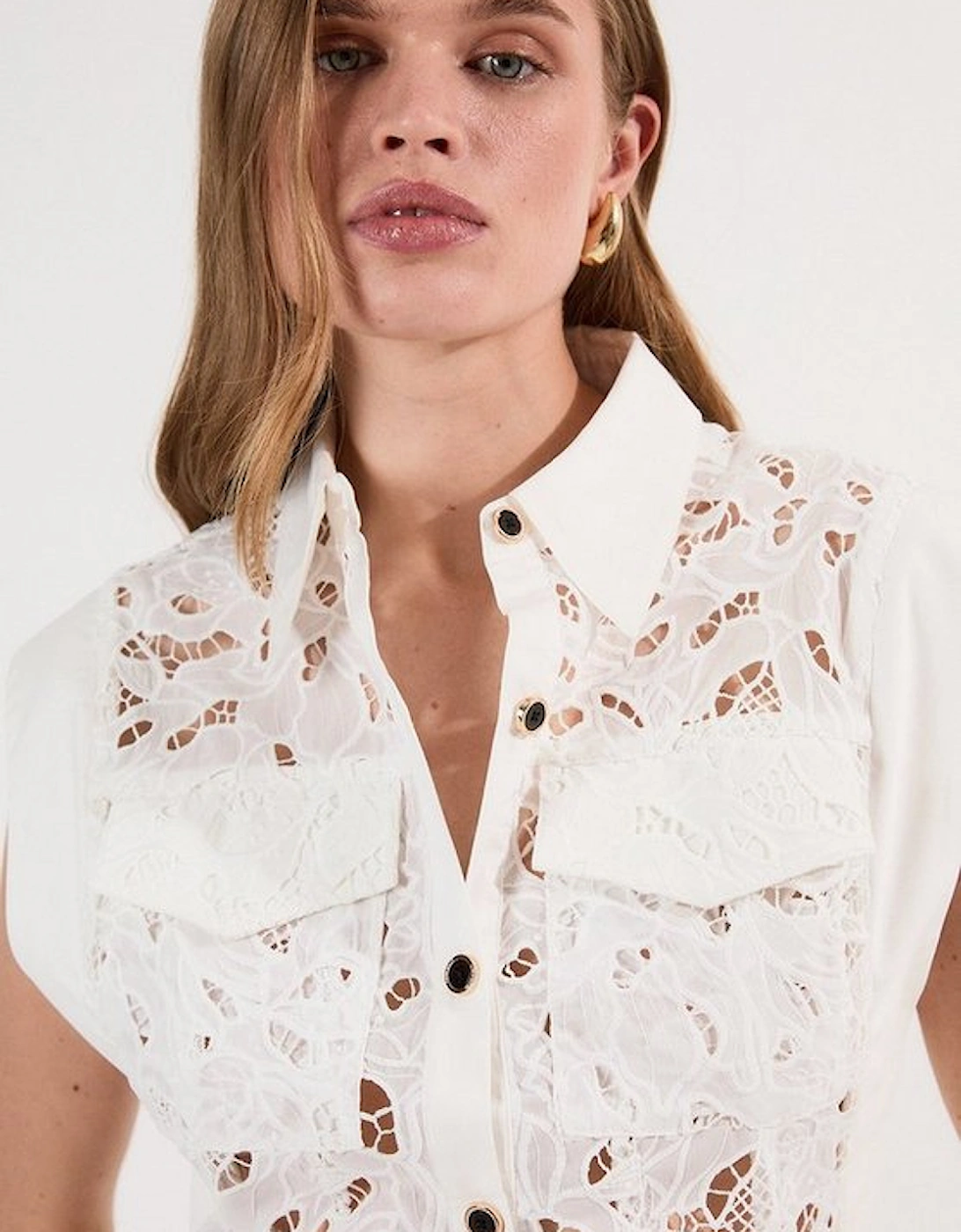 Cutwork Topstitch Pintuck Woven Blouse