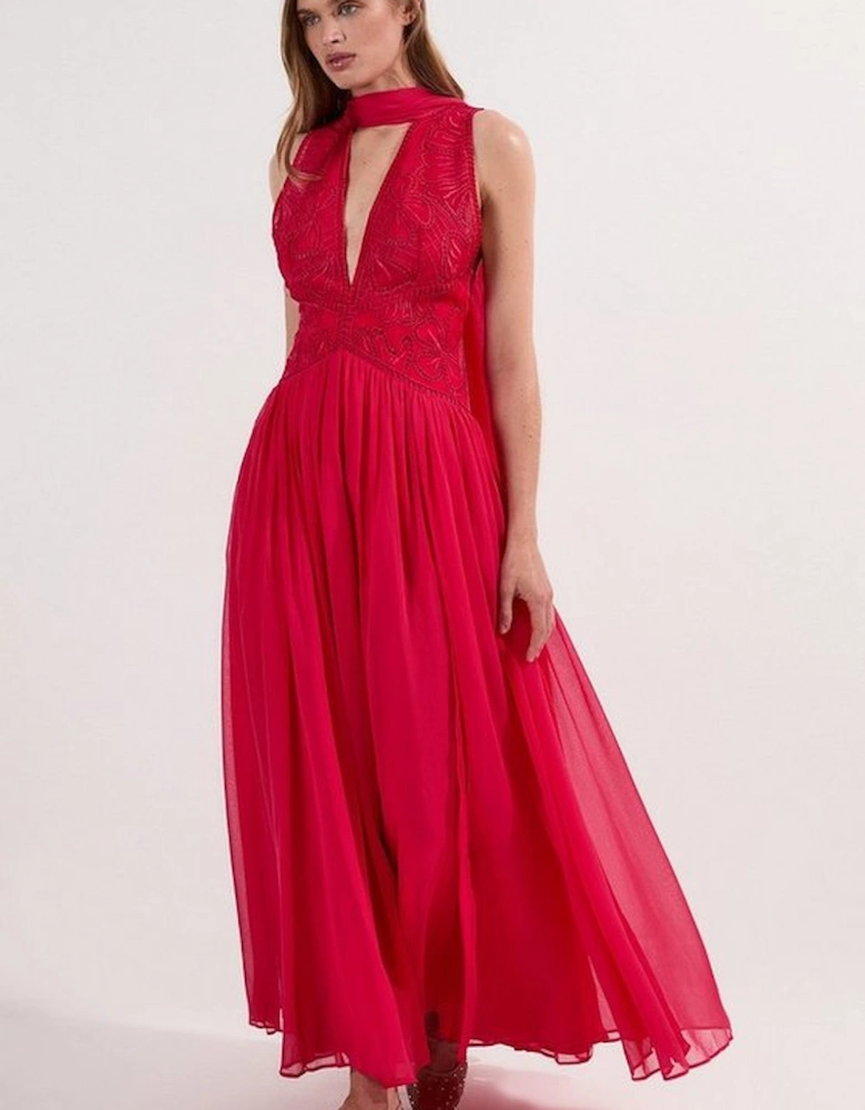Embroidered Applique Crinkle Deep V Woven Midi Prom Dress