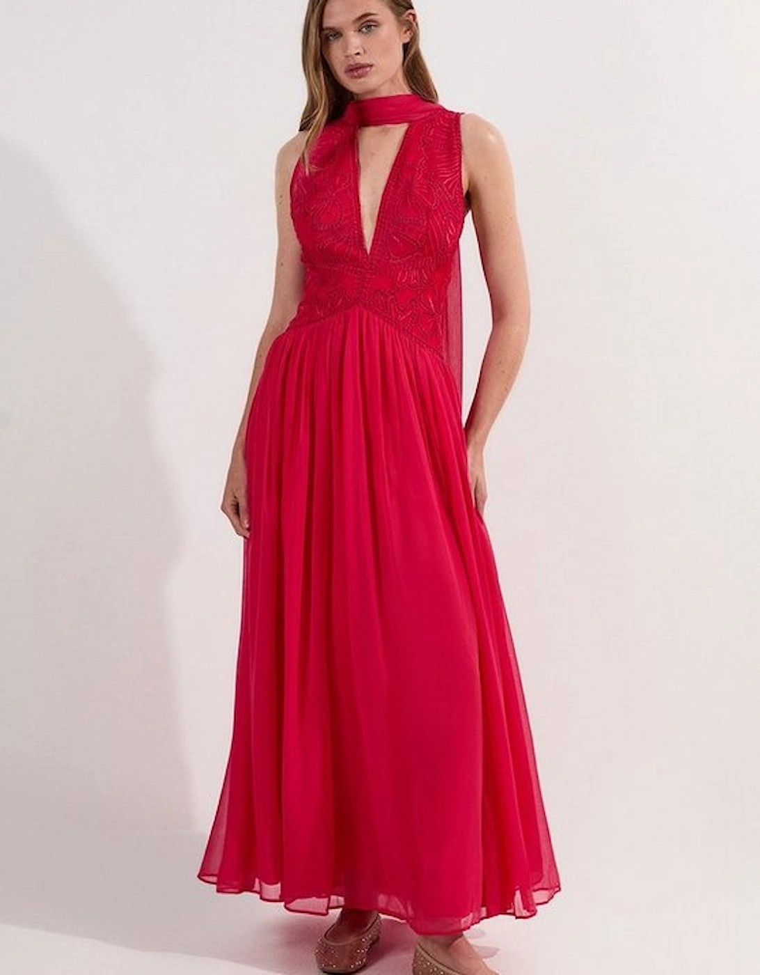 Embroidered Applique Crinkle Deep V Woven Midi Prom Dress