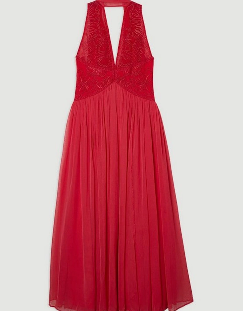 Embroidered Applique Crinkle Deep V Woven Midi Prom Dress