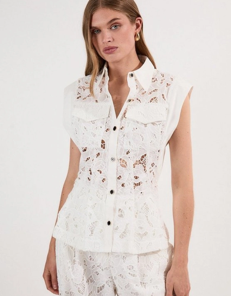 Tall Cutwork Topstitch Pintuck Woven Blouse