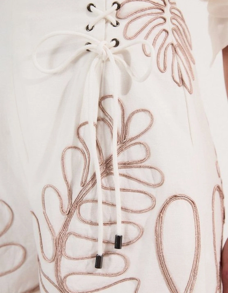 Cotton Linen Cornelli Embroidered Woven High Waisted Short